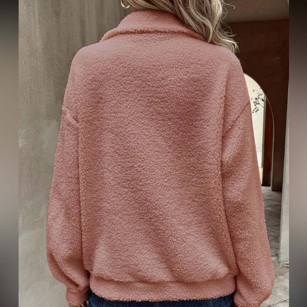 Half Zip Drop Shoulder Fleece Sweatshirt teddy jacket blush pink - Picture 2 of 4